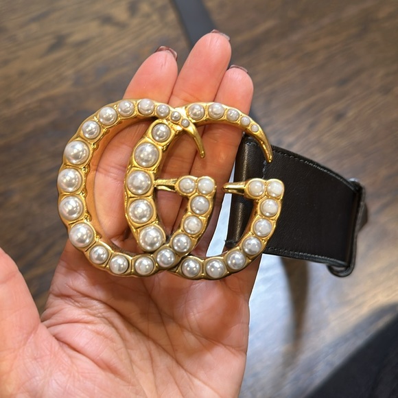 Gucci LEATHER BELT WITH PEARL DOUBLE G Size 80 - Picture 6 of 6
